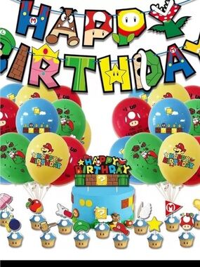 2x Super Mario Happy Birthday fabric banner (3x5) + balloons, streamer, toppers